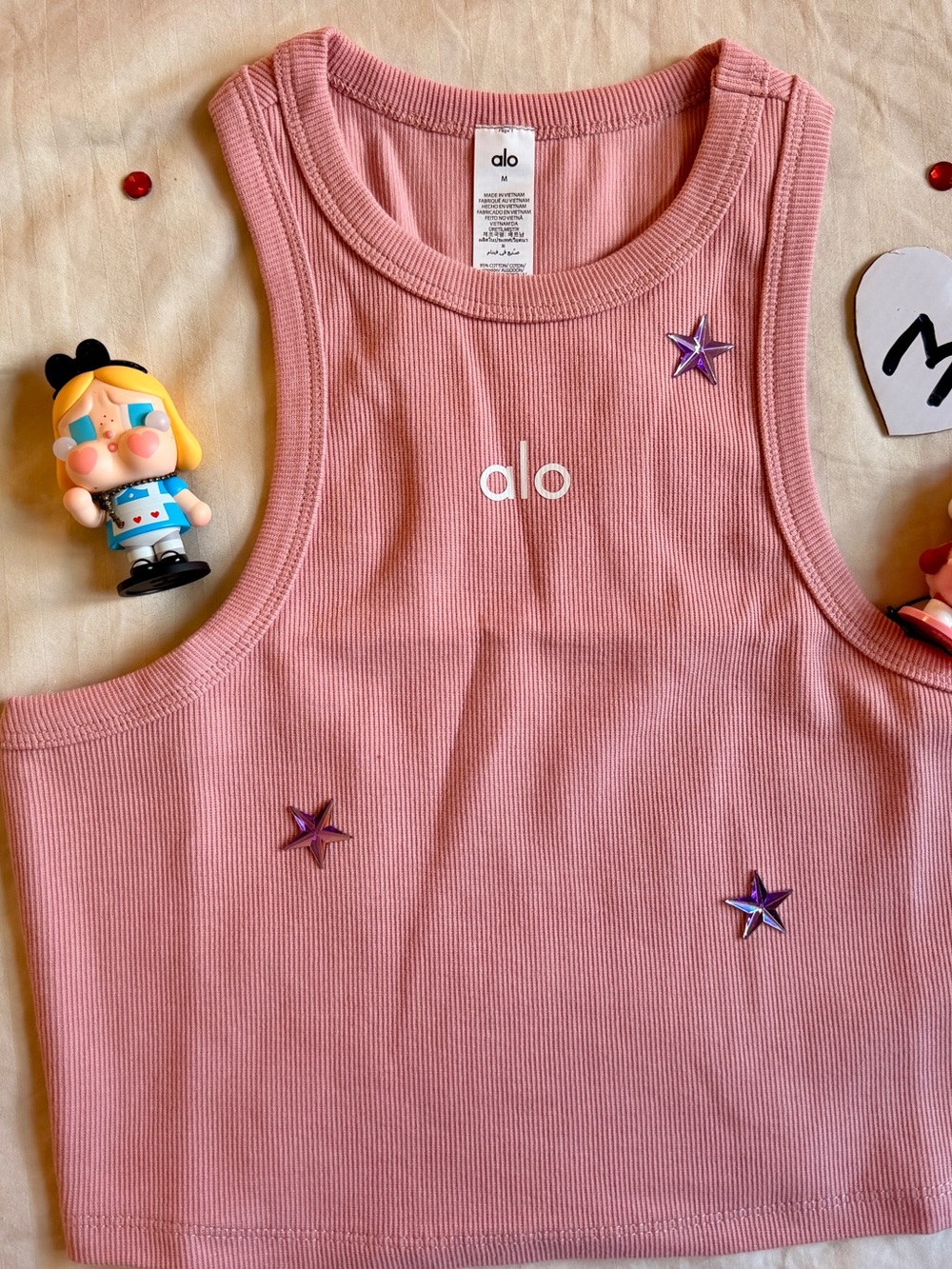 ALO Yoga Kids Ribbed Pink Cropped Tank with Star Accents